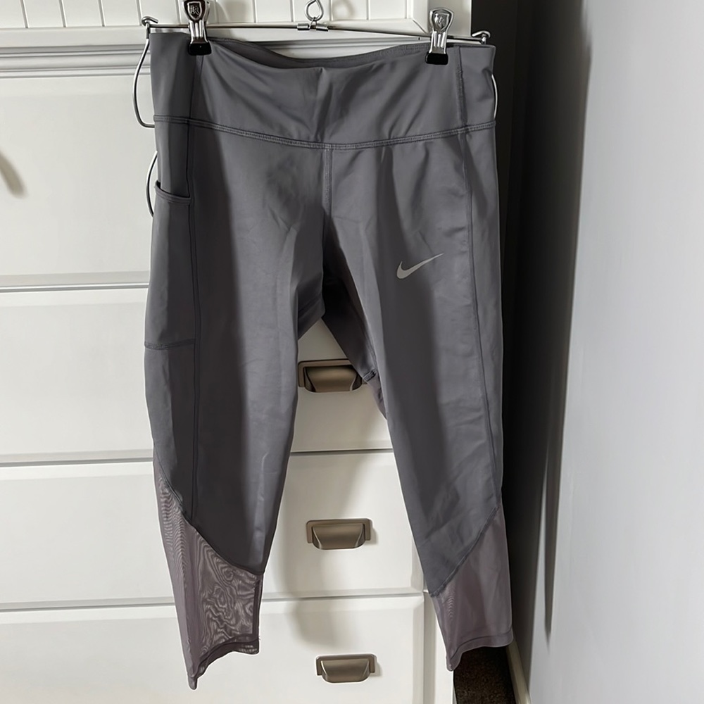 Nike Light Gray Cropped and Mesh Running Leggings